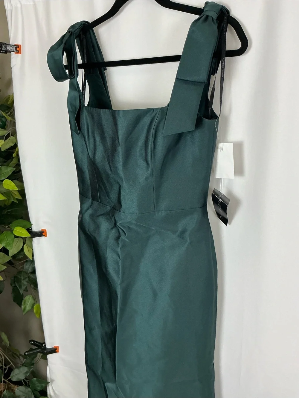 ALFRED SUNG Emerald Green Satin-Twill Maxi Dress with Shoulder Ties - Picture 3 of 7
